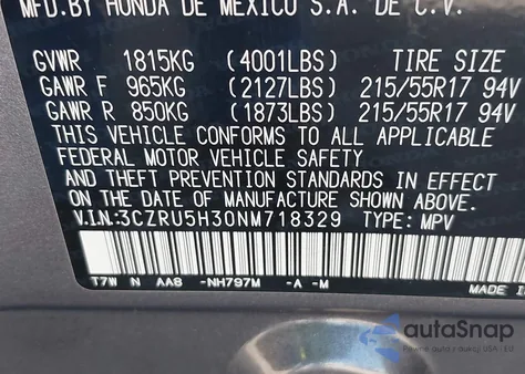 2022 Honda Hr-V 2Wd Lx from USA, damaged, VIN 3CZRU5H30NM718329